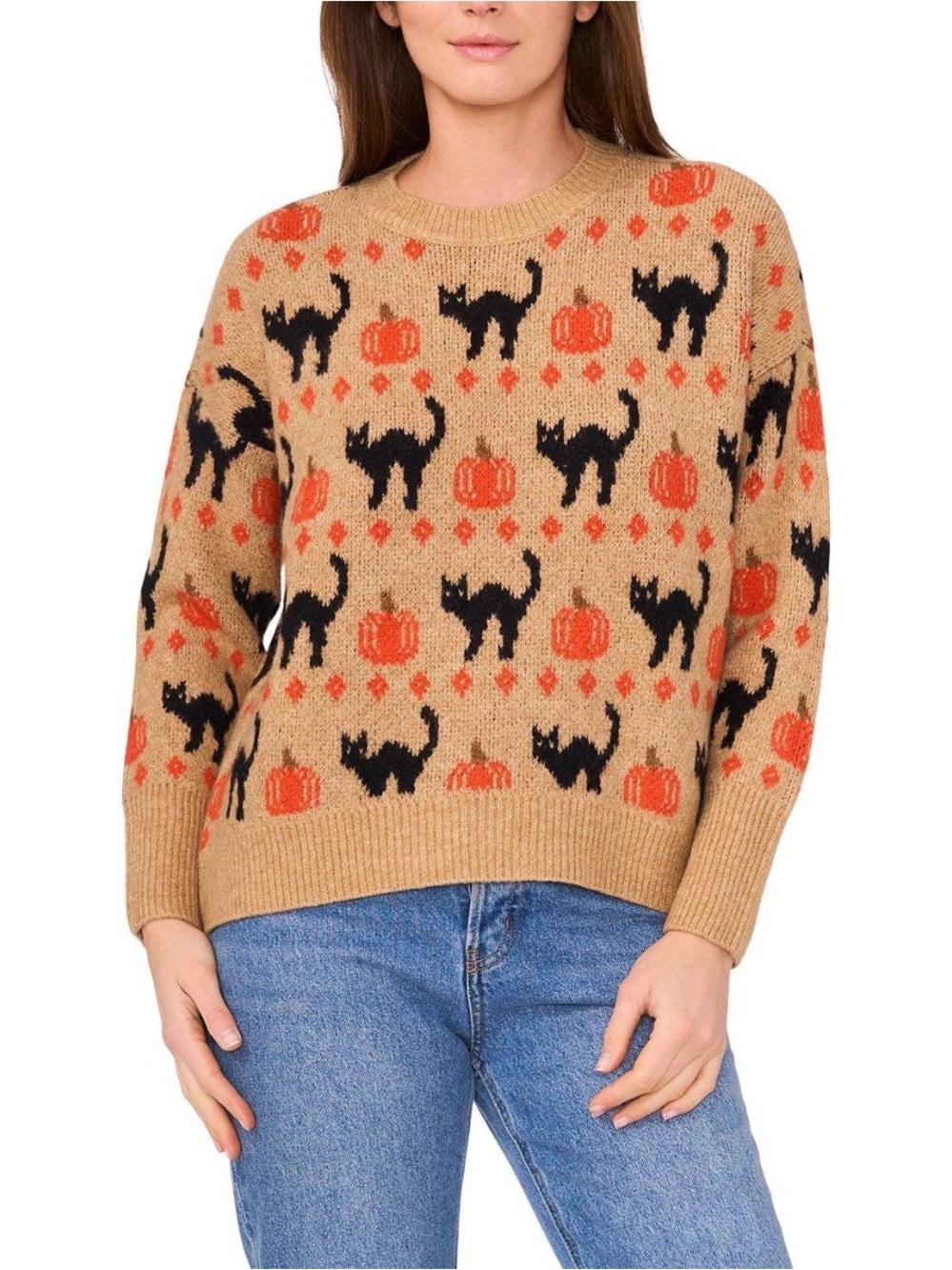 Vince Camuto Beige Crewneck Sweater with Orange Pumpkins & Black Cats